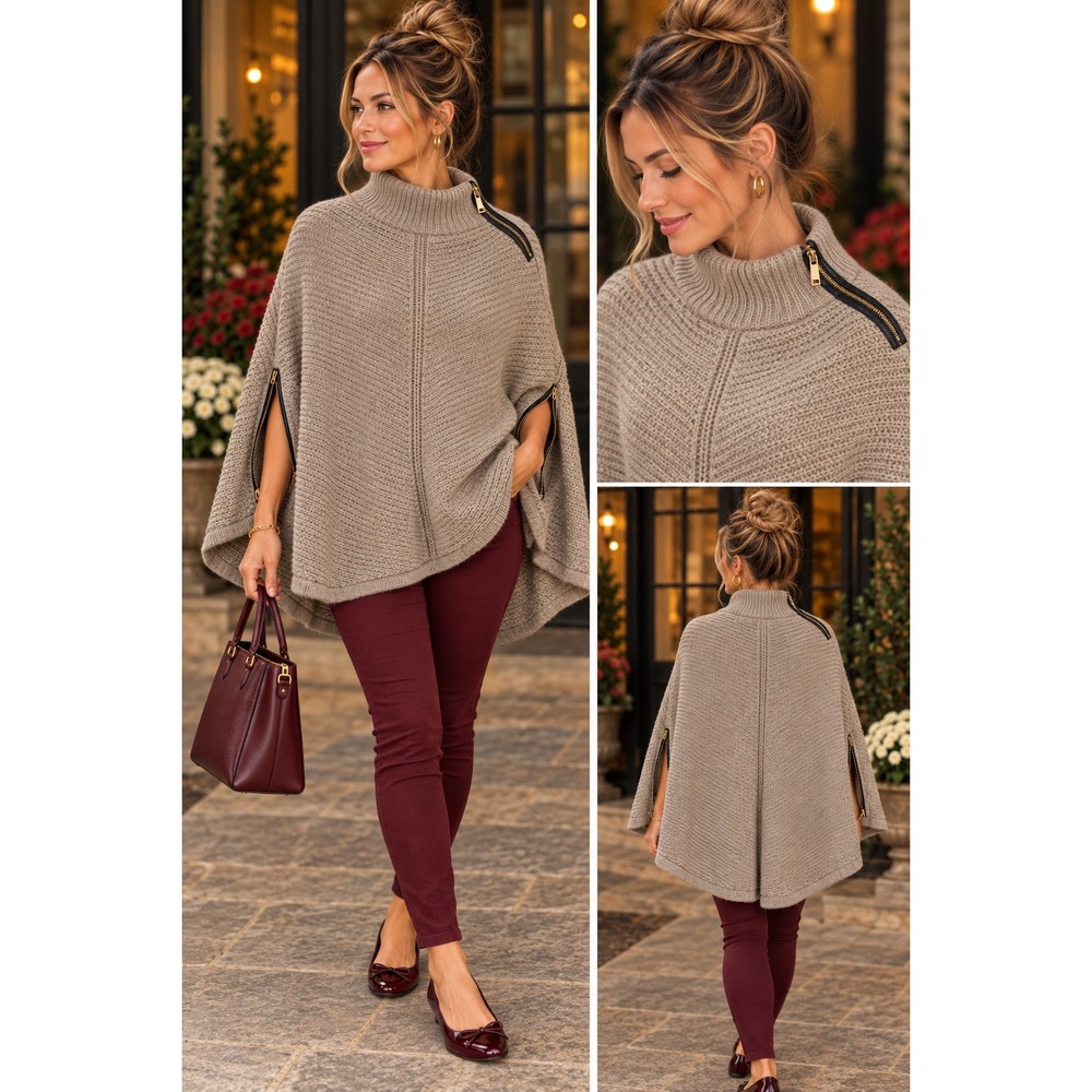 New York & Company Taupe Knit Poncho Sweater Mock Neck Zipper Trim S/M NWT